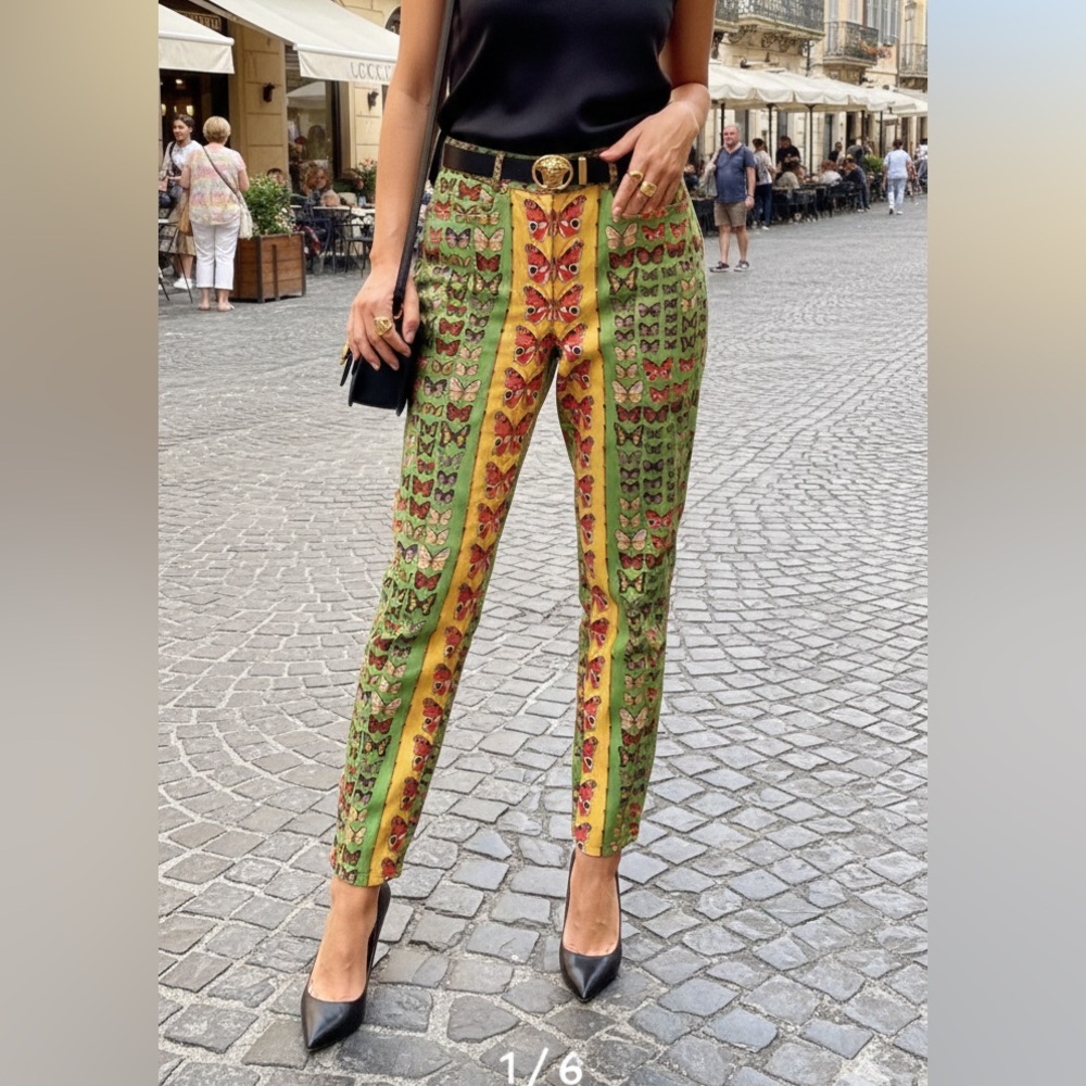 Versace 1995 Green and Yellow Butterfly Print Denim Jeans 44